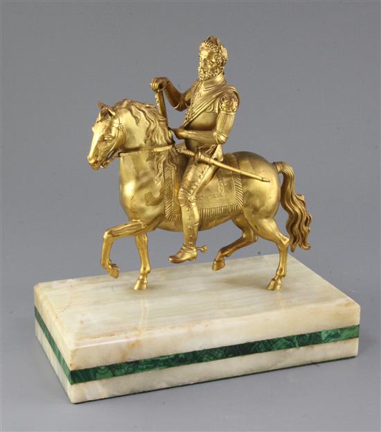 A 19th century French ormolu model of Charles Emanuel, Duke of Savoy, riding a horse, H.11in.